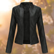 Faux Leather Jacket Women Slim Fit Moto Stand Collar Zip-Up