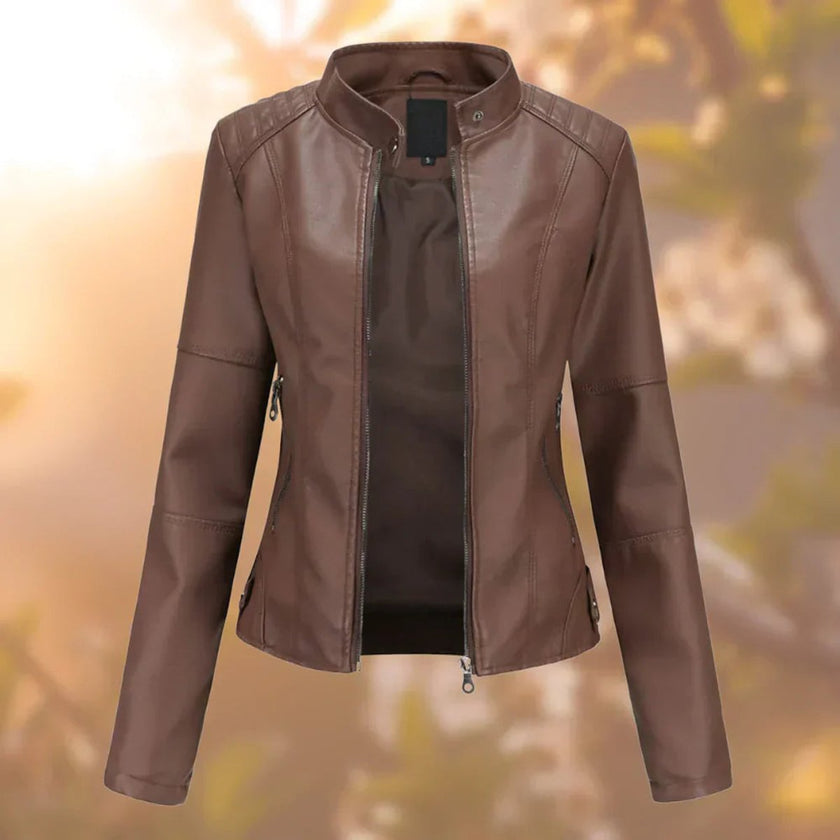 Faux Leather Jacket Women Slim Fit Moto Stand Collar Zip-Up