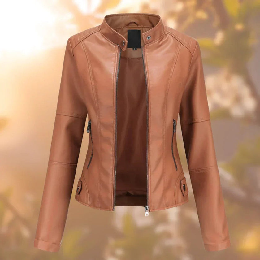 Faux Leather Jacket Women Slim Fit Moto Stand Collar Zip-Up