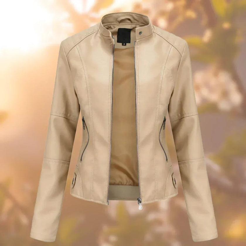 Faux Leather Jacket Women Slim Fit Moto Stand Collar Zip-Up