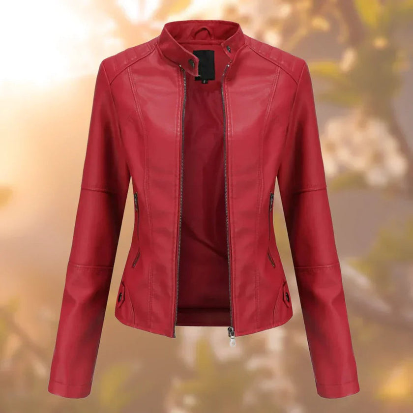Faux Leather Jacket Women Slim Fit Moto Stand Collar Zip-Up