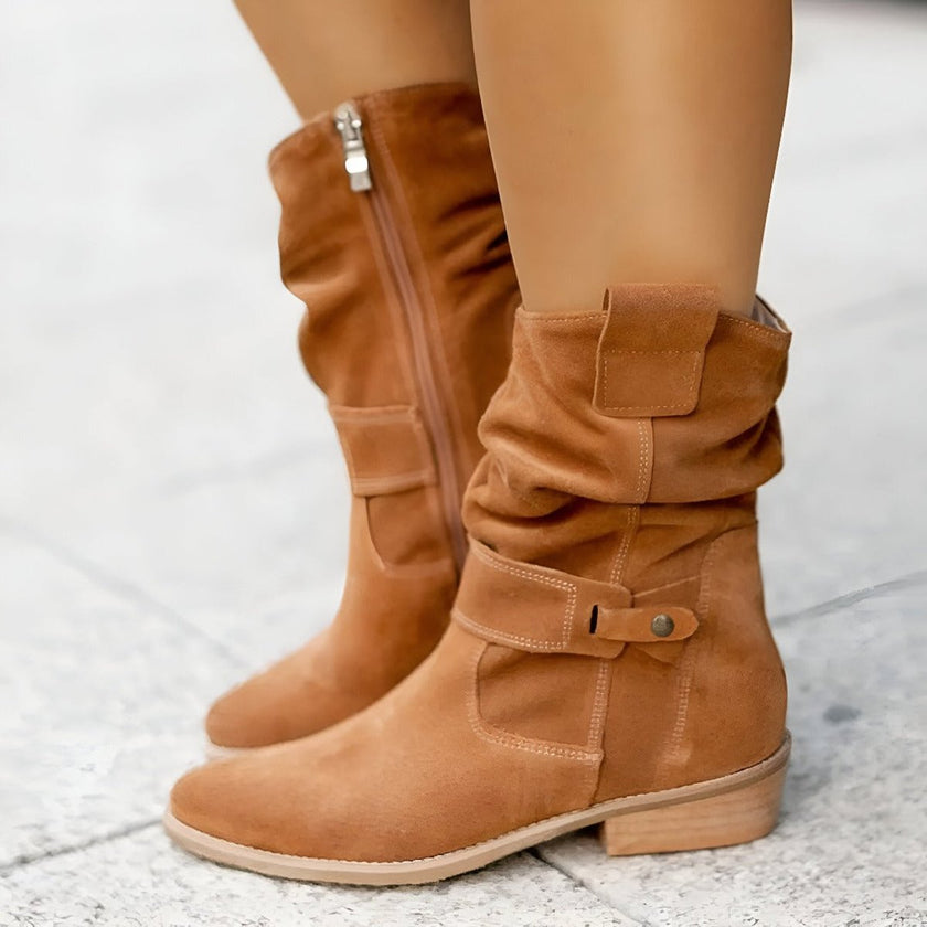 Scarlett | Women's Slouchy Faux Suede Mid Calf Knee High Boots Block Heel