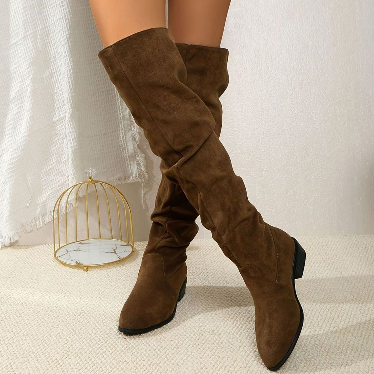 Slouchy Over-the-Knee Faux Suede Boots with Block Heel and Pointed Toe for Women | Scarlett