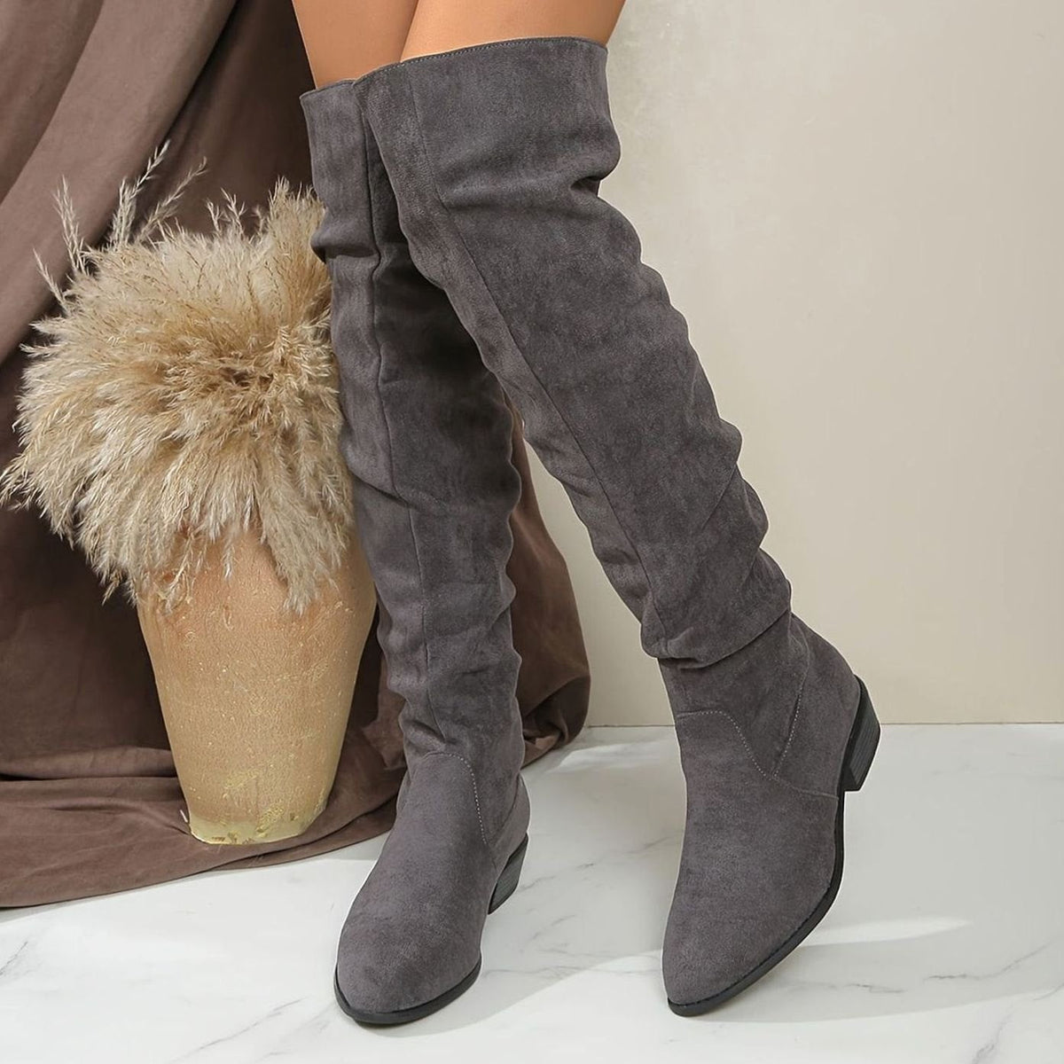 Slouchy Over-the-Knee Faux Suede Boots with Block Heel and Pointed Toe for Women | Scarlett