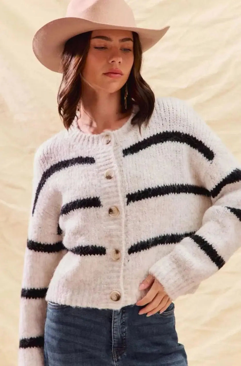 Frigg | Women's White Striped Knit Down Cardigan