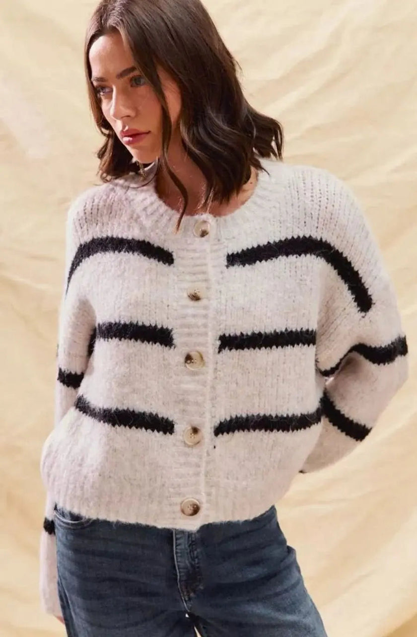 Frigg | Women's White Striped Knit Down Cardigan