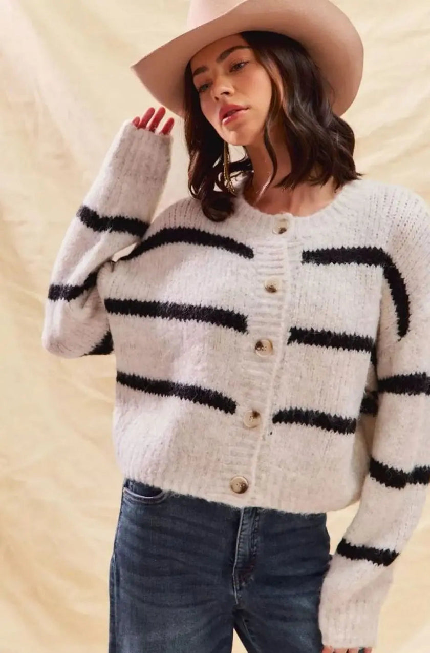 Frigg | Women's White Striped Knit Down Cardigan