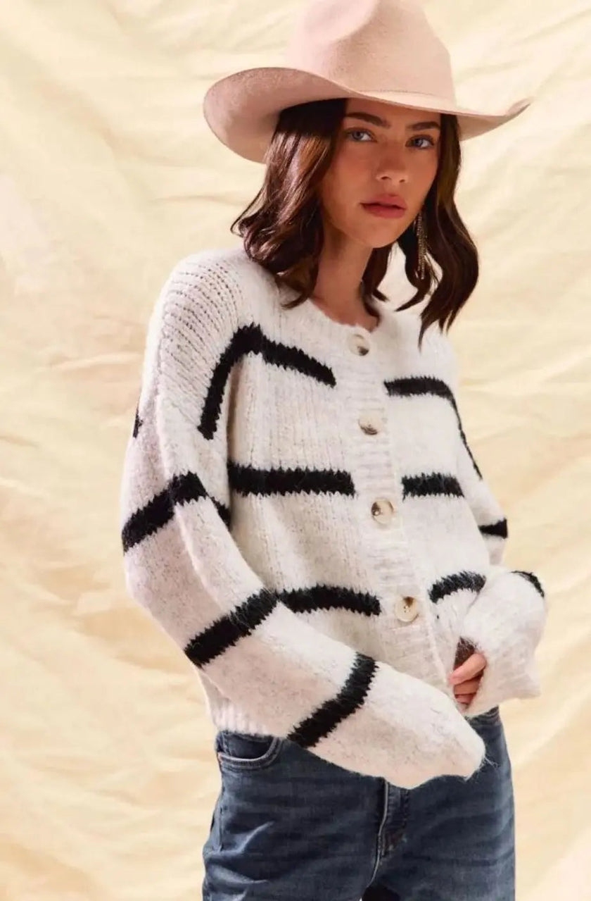 Frigg | Women's White Striped Knit Down Cardigan