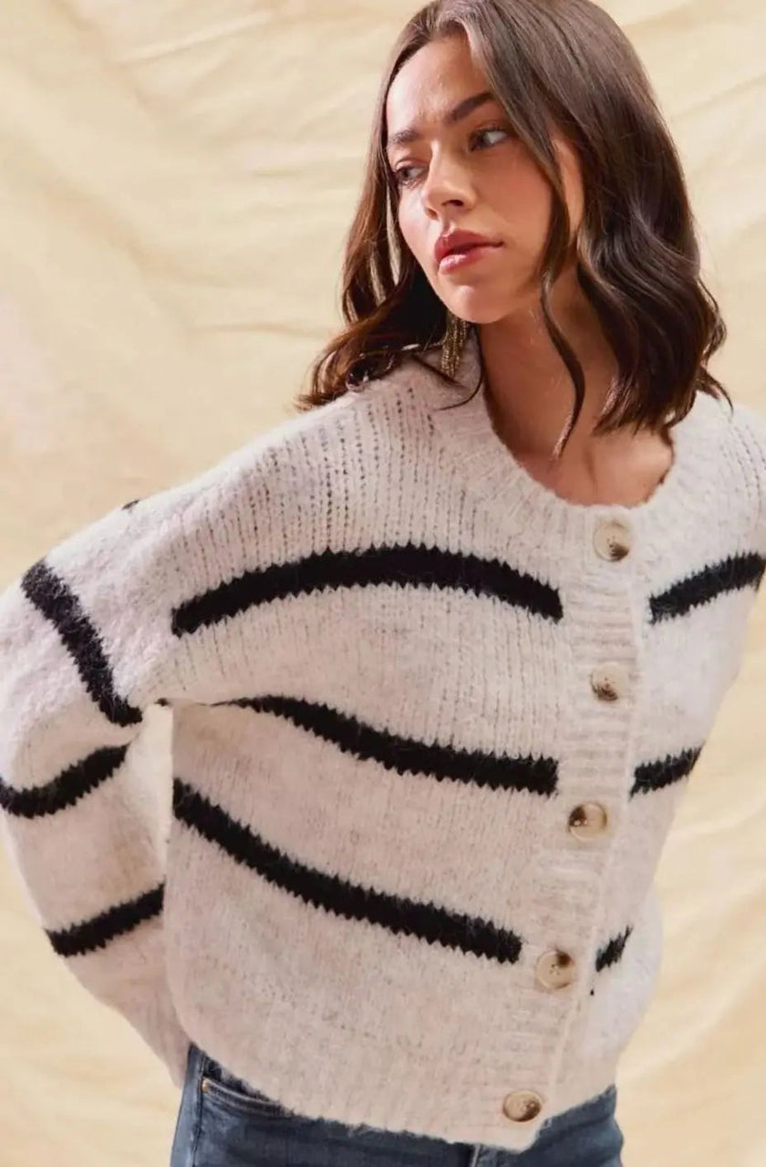 Frigg | Women's White Striped Knit Down Cardigan