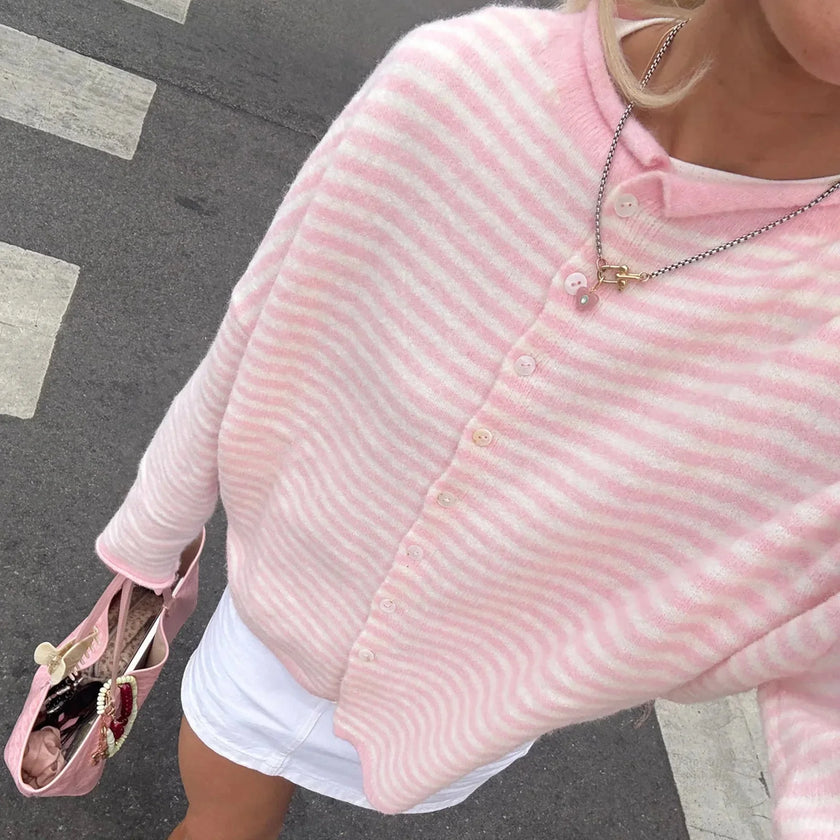 Evelyn | Women's Striped Button Front Cardigan Sweater with Cozy for Layering