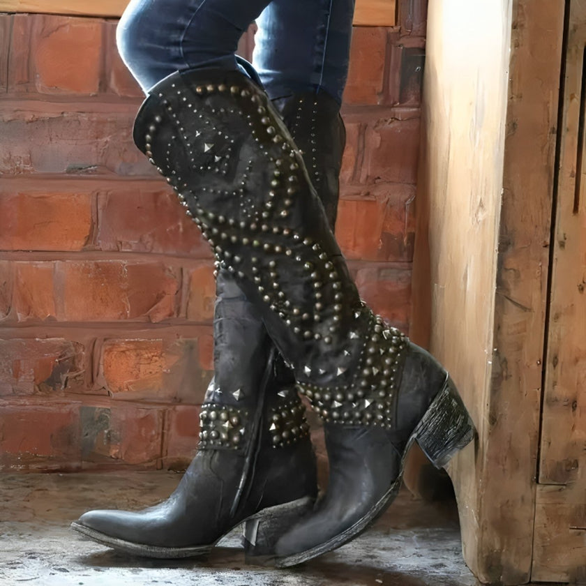 Victoria | Women's Studded Western Knee High Boots Block Heel Pointed Toe