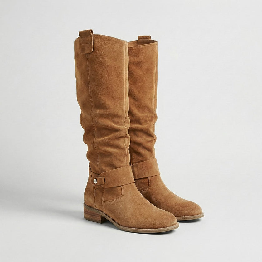 Evelyn | Women's Suede Look Low Heel Knee-High Slouch Ankle Boots