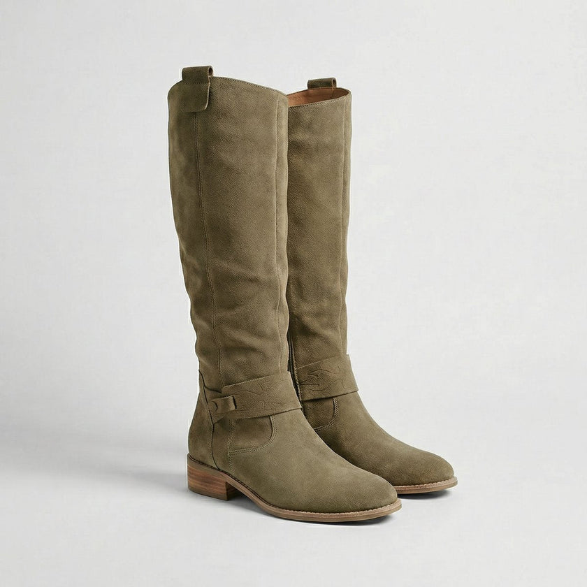 Evelyn | Women's Suede Look Low Heel Knee-High Slouch Ankle Boots