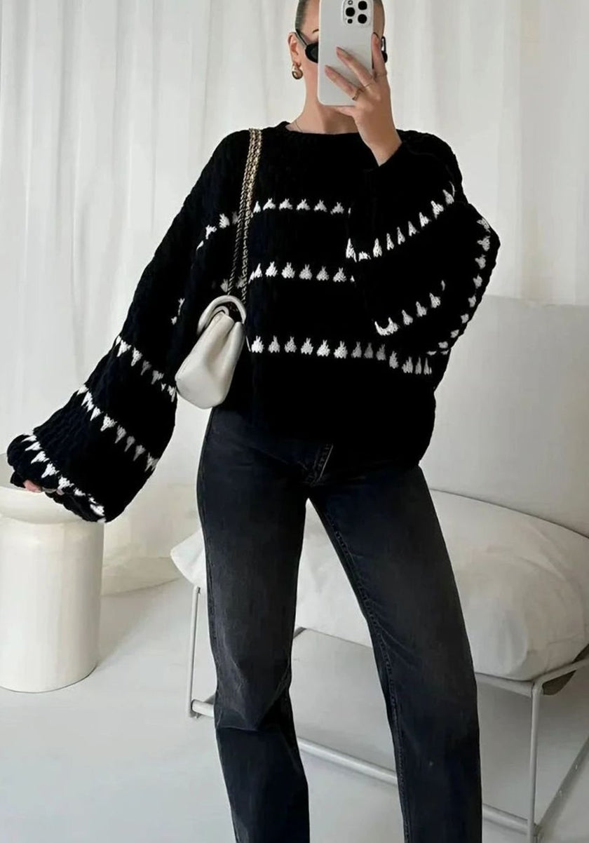 Esmee | Women's Textured Knit Crewneck Sweater Geometric Striped with Turtleneck for Casual