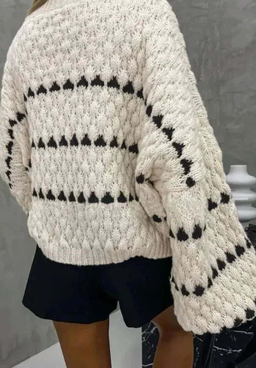Esmee | Women's Textured Knit Crewneck Sweater Geometric Striped with Turtleneck for Casual