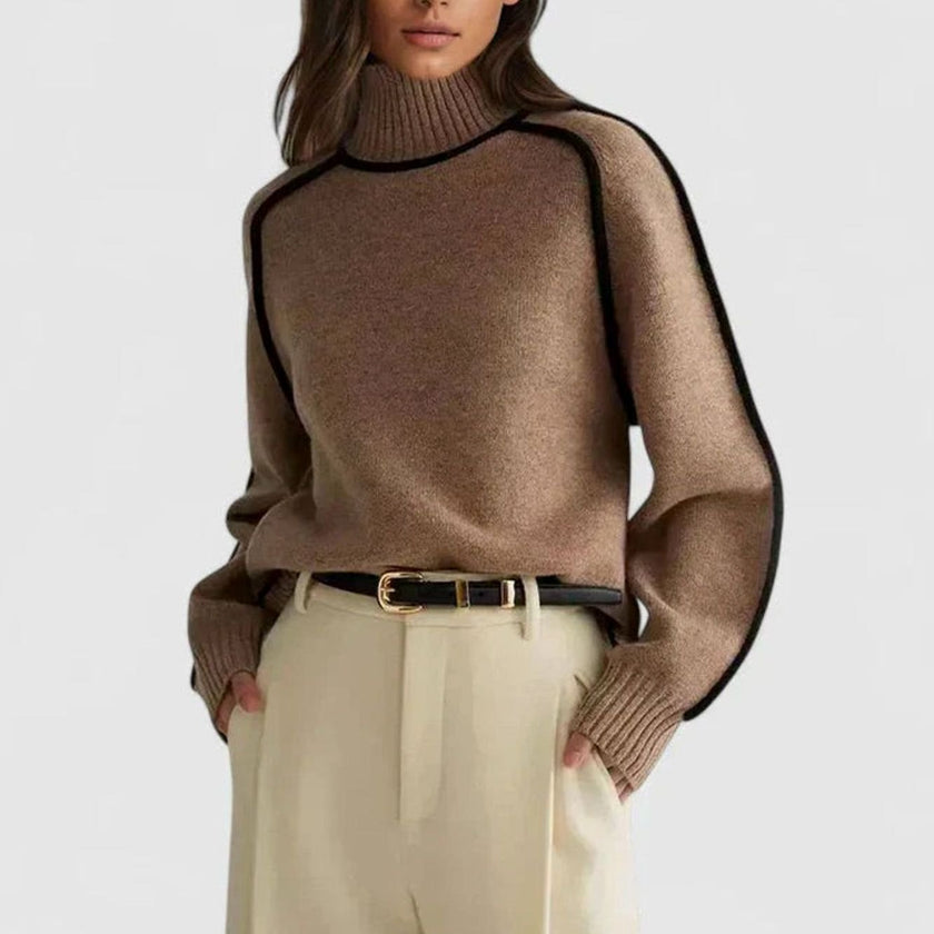 Bo | Women's Turtleneck Raglan-Sleeve Contrast-Trim Knit Sweater with Ribbed for Layering