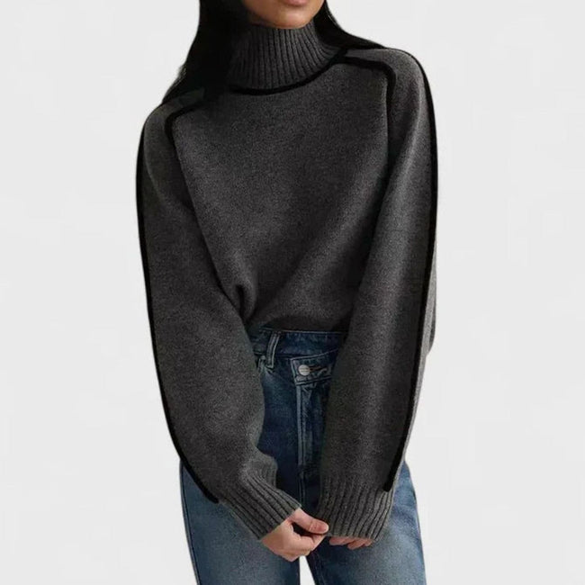 Bo | Women's Turtleneck Raglan-Sleeve Contrast-Trim Knit Sweater with Ribbed for Layering