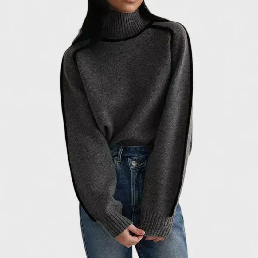 Bo | Women's Turtleneck Raglan-Sleeve Contrast-Trim Knit Sweater with Ribbed for Layering