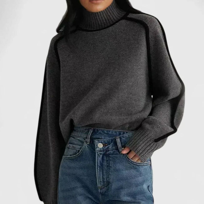 Bo | Women's Turtleneck Raglan-Sleeve Contrast-Trim Knit Sweater with Ribbed for Layering