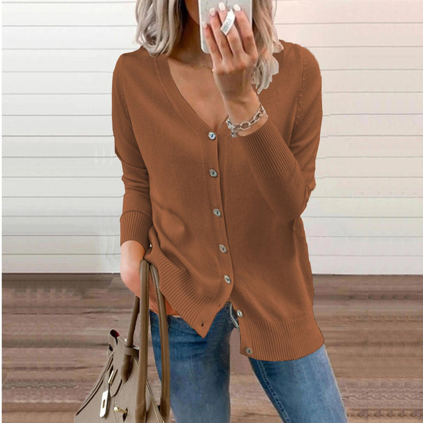 Nora | Women's V-Neck Button-Front Knit Cardigan with Ribbed Classic for Layering