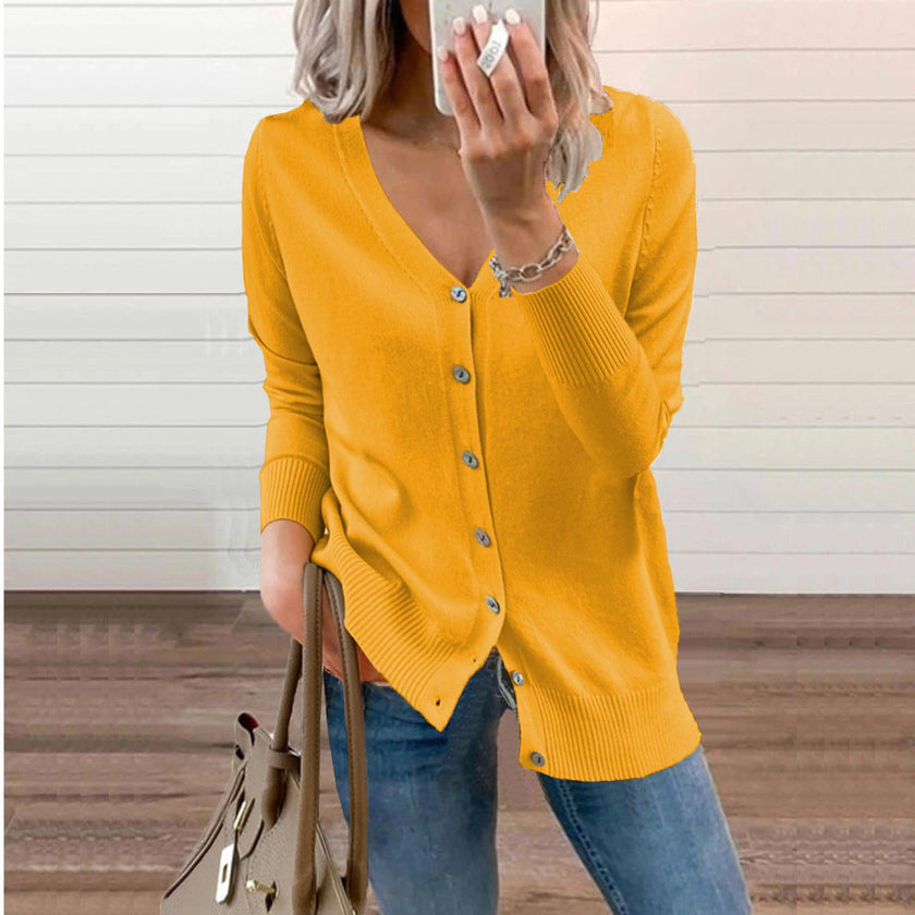 Nora | Women's V-Neck Button-Front Knit Cardigan with Ribbed Classic for Layering
