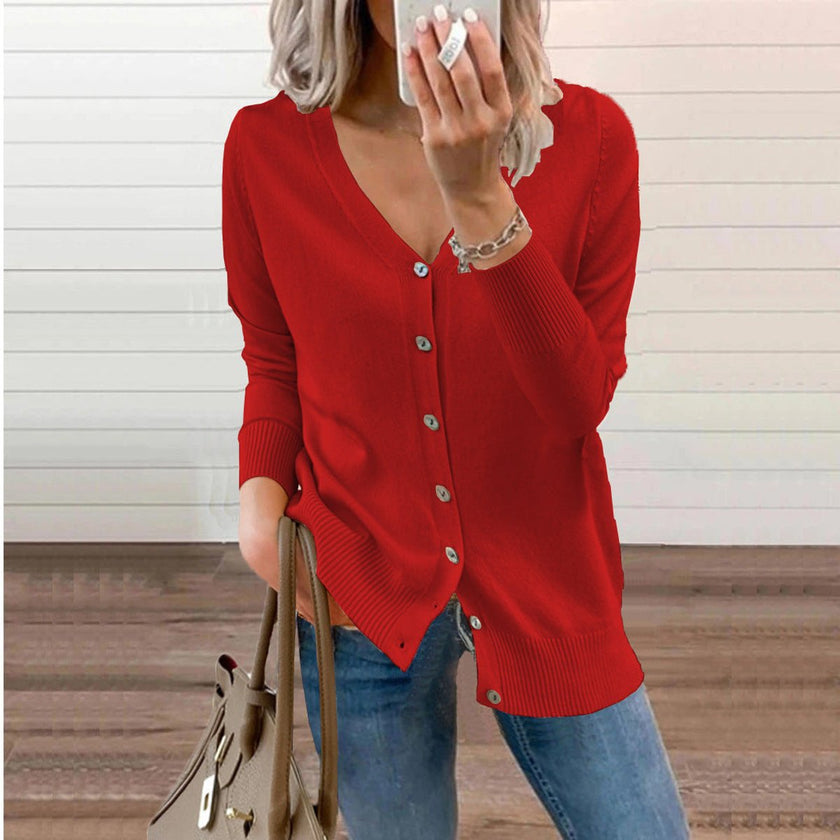 Nora | Women's V-Neck Button-Front Knit Cardigan with Ribbed Classic for Layering