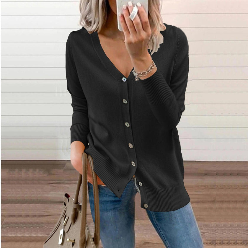 Nora | Women's V-Neck Button-Front Knit Cardigan with Ribbed Classic for Layering