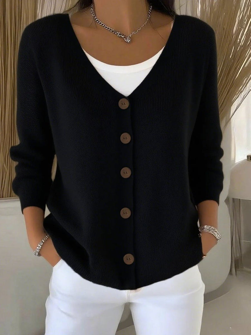 Sophia | Women's V-Neck Button-Front Long Sleeve Knit Sweater with Classic for Layering