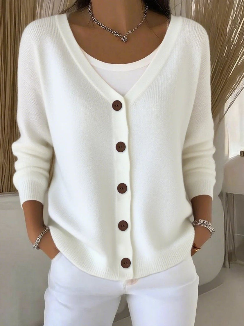 Sophia | Women's V-Neck Button-Front Long Sleeve Knit Sweater with Classic for Layering
