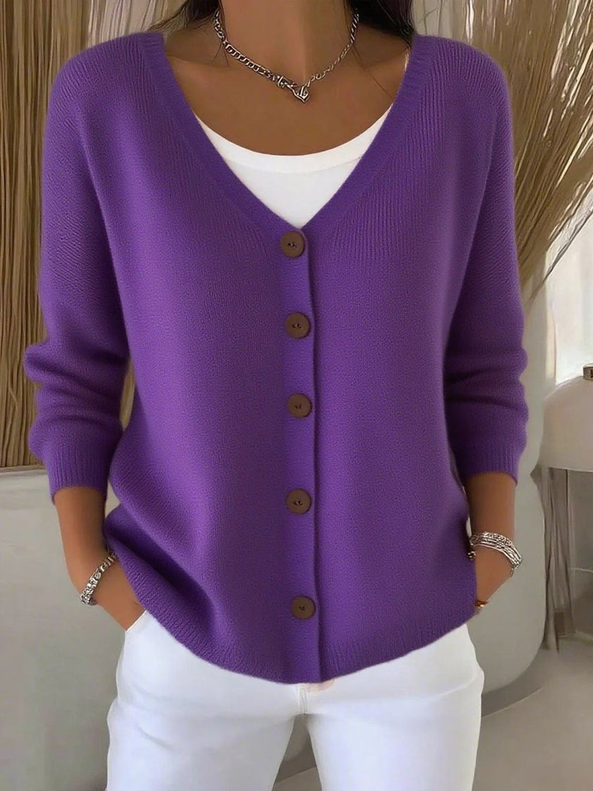 Sophia | Women's V-Neck Button-Front Long Sleeve Knit Sweater with Classic for Layering