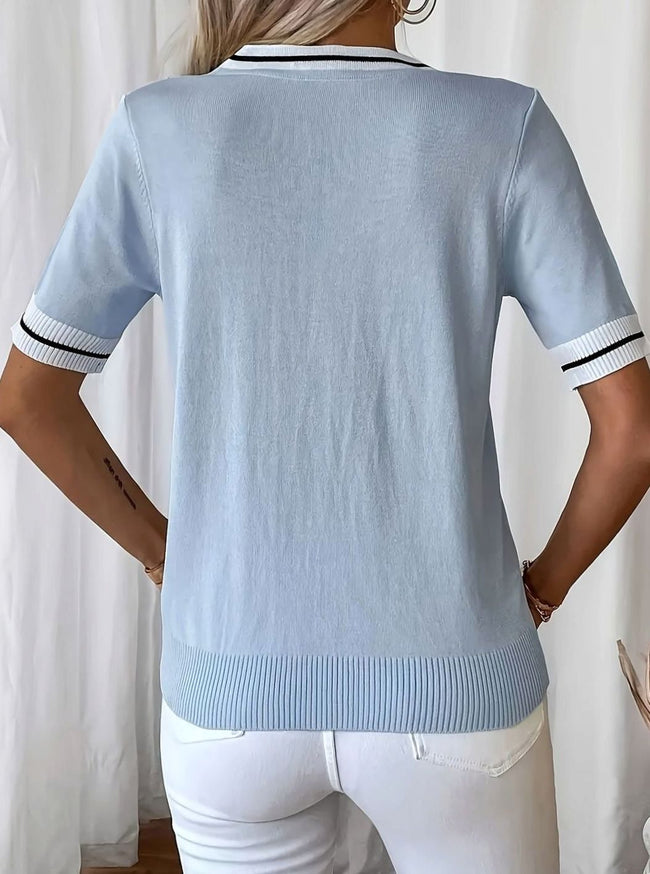 Sophia | Women's V-Neck Contrast-Trim Short-Sleeve Knit Pullover Top with Striped for Everyday