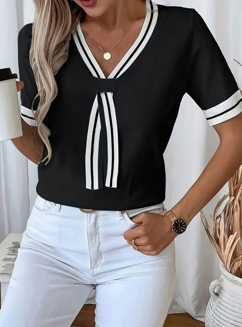 Sophia | Women's V-Neck Contrast-Trim Short-Sleeve Knit Pullover Top with Striped for Everyday