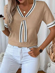 Sophia | Women's V-Neck Contrast-Trim Short-Sleeve Knit Pullover Top with Striped for Everyday