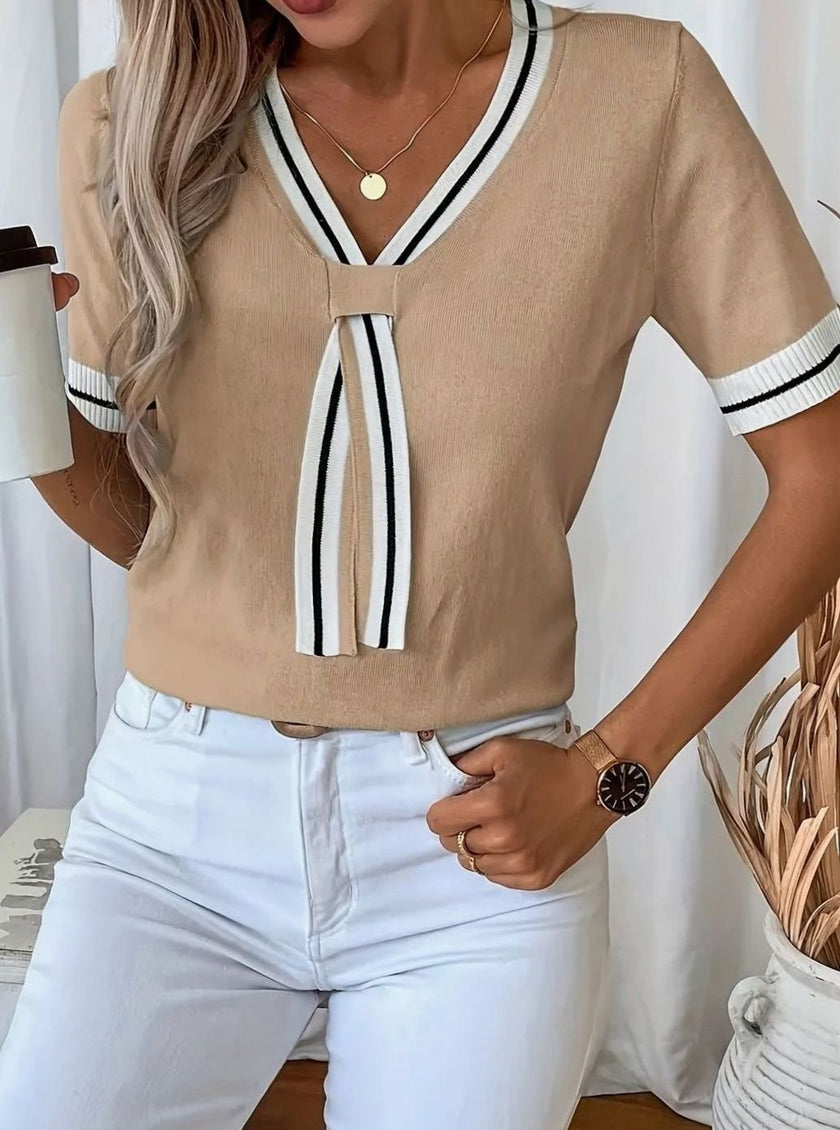 Sophia | Women's V-Neck Contrast-Trim Short-Sleeve Knit Pullover Top with Striped for Everyday