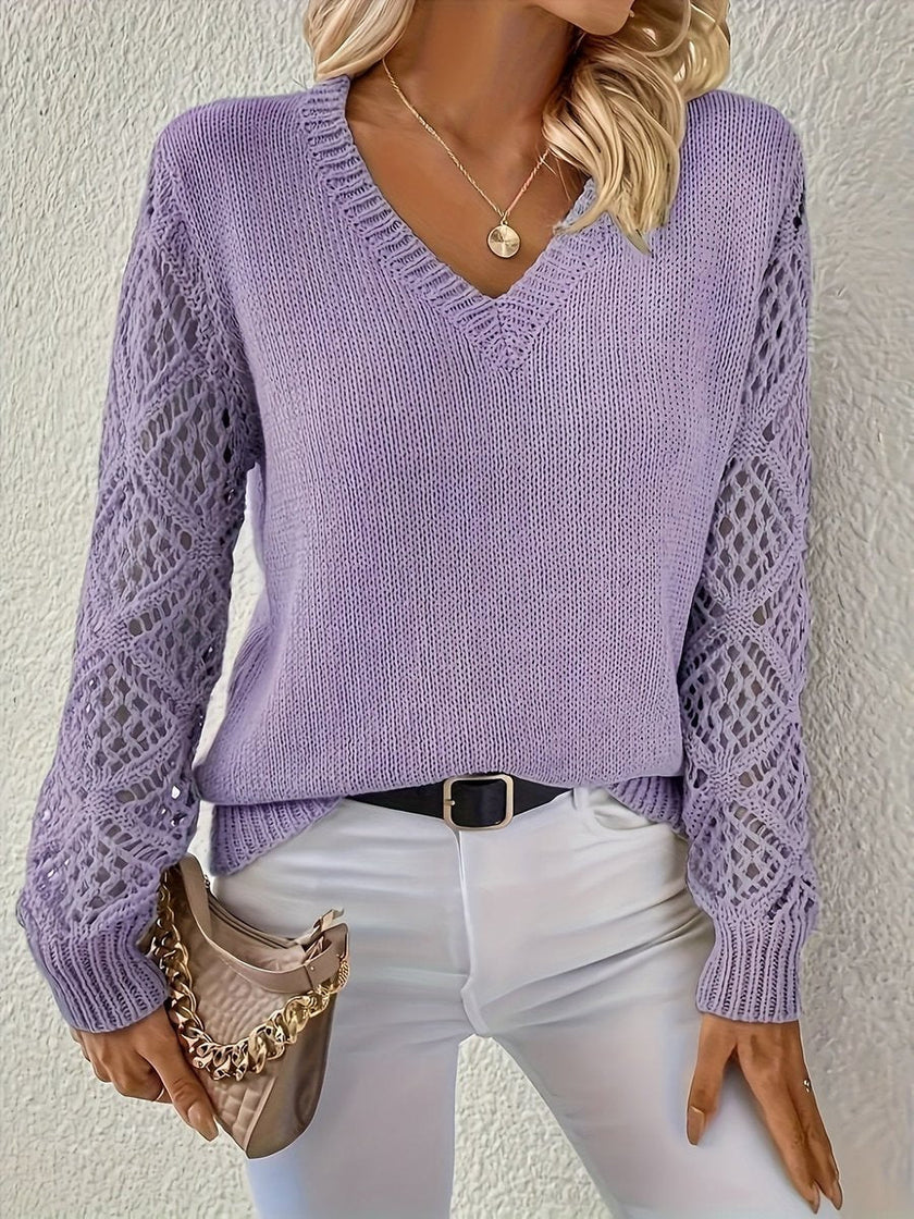 Evelyn | Women's V-Neck Hollow Sleeve Knit Sweater with Ribbed for Layering
