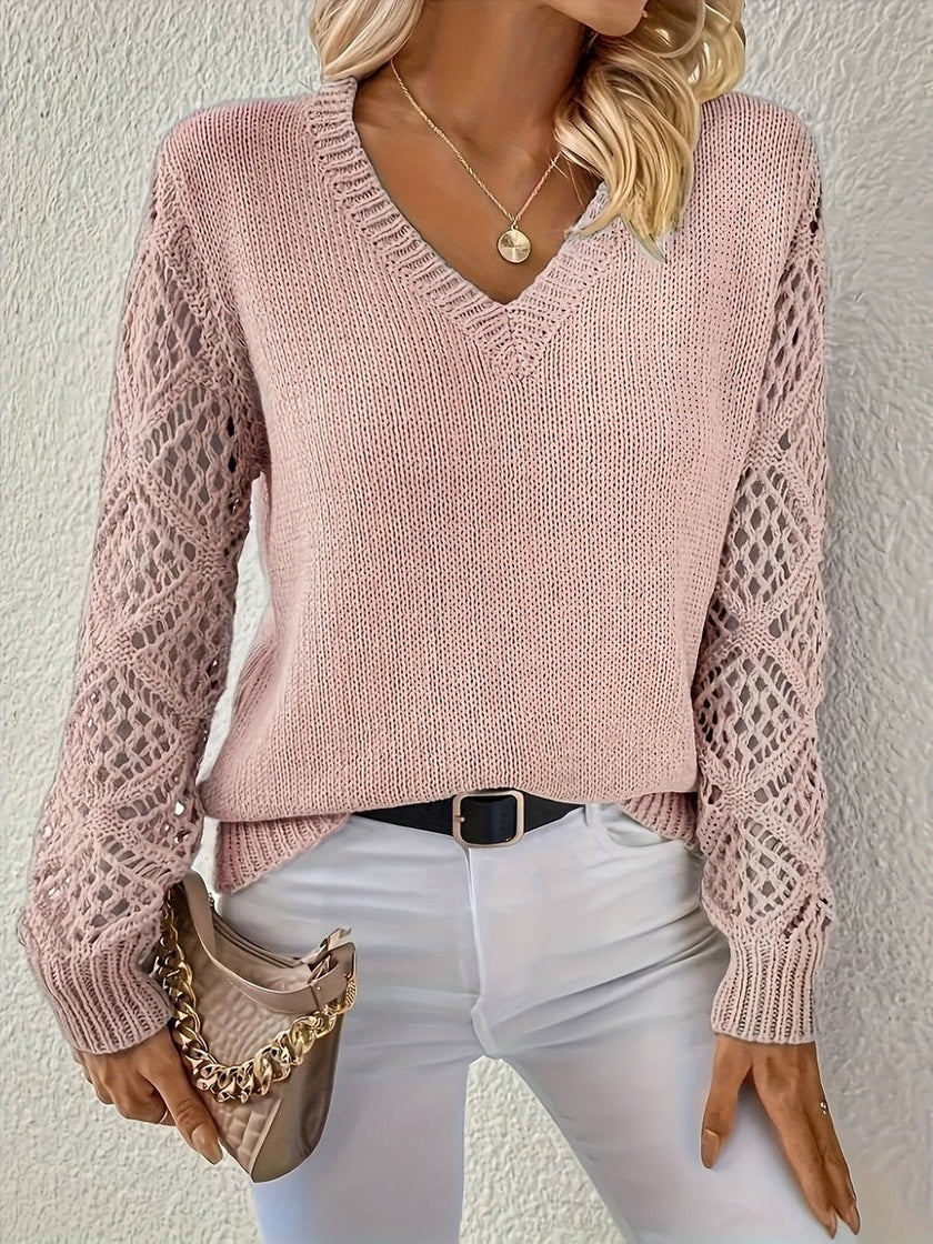 Evelyn | Women's V-Neck Hollow Sleeve Knit Sweater with Ribbed for Layering