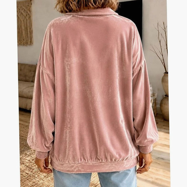 Layla | Women's Velvet Collared Button-Placket Relaxed Pullover Sweatshirt with Oversized for Everyday
