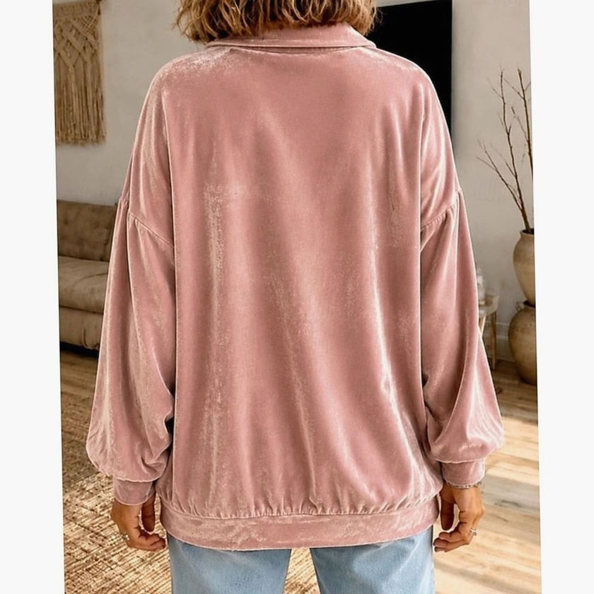 Layla | Women's Velvet Collared Button-Placket Relaxed Pullover Sweatshirt with Oversized for Everyday