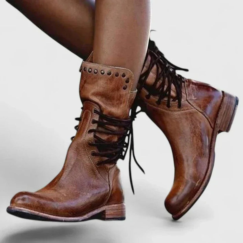 Penelope | Women's Vintage Lace-Up Studded Knee High Boots Block Heel