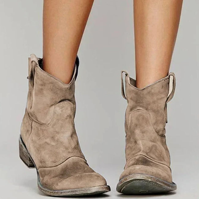 Western Boots Suede Slip On Ankle Stacked Heel Cowboy Booties | Madison