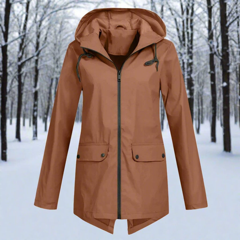 Rain Jacket Women Waterproof Hooded Longline Zip-Up