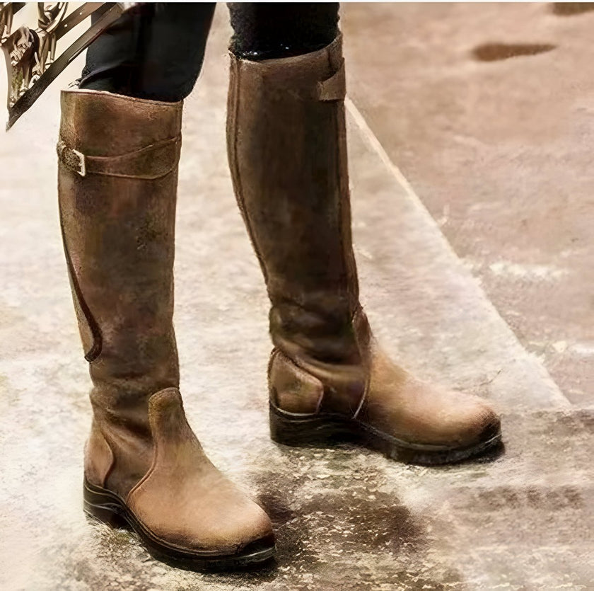 Victoria | Women's Waterproof Leather Knee High Boots Buckle Strap